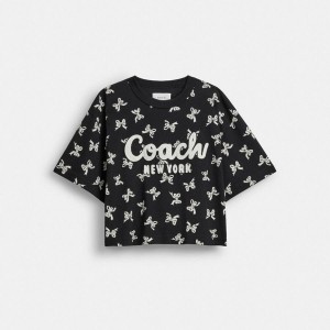 Camiseta COACH Bow Print Cursive Signature Cropped Feminino Pretas | 70154DRWH