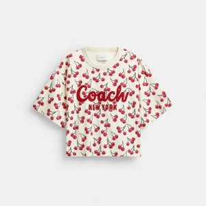 Camiseta COACH Cherry Print Cursive Signature Cropped In Organic Cotton Feminino Vermelhas | 46217OAZJ