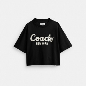 Camiseta COACH Cursive Signature Cropped Feminino Pretas | 51207ULHZ