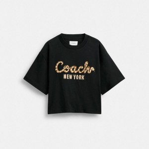 Camiseta COACH New Year Coach Snake Script Cropped In Organic Cotton Feminino Pretas | 84135YWGX