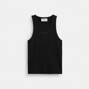 Camiseta COACH Ribbed Coach Script Tank Top Feminino Pretas | 36298XFGJ