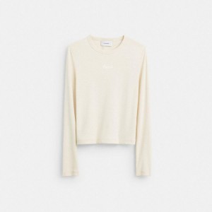 Camiseta COACH Ribbed Long Sleeve Shirt With Coach Embroidery Feminino Branco | 97642ROUC