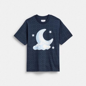 Camiseta COACH Signature Moon Relaxed In Organic Cotton Feminino Azuis | 12604TXBE