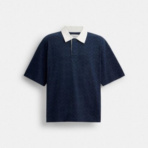 Camiseta COACH Signature Relaxed Rugby Polo In Organic Cotton Masculino Azul Marinho | 50913AWZQ