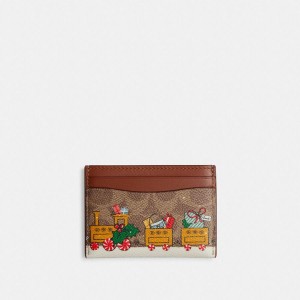 Carteira COACH Holiday Essential Card Case In Signature Canvas With Train Feminino Marrom | 29368PZUV