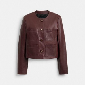 Casaco COACH Collarless Leather Feminino Bordeaux | 03674CSXN