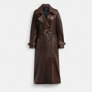 Casaco COACH Heritage C Double Breasted Leather Trench Feminino Marrom | 70514PFEK