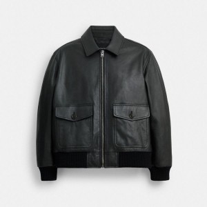 Casaco COACH Leather Bomber Masculino Pretas | 84916SHAM