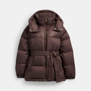Casaco COACH Mid Length Belted Down In Recycled Polyamide Feminino Marrom | 47915XFCB