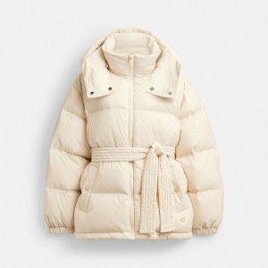 Casaco COACH Mid Length Belted Down In Recycled Polyamide Feminino Branco | 76093YMEN