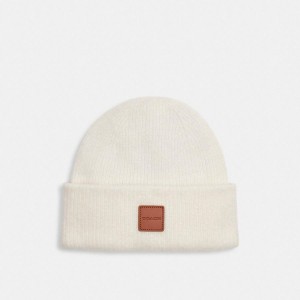 Gorro COACH Knit With Leather Patch Feminino Branco | 40698OLDZ