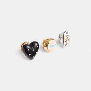 Jóias COACH Heart And Bottle Cap Pin Trio Feminino Pretas | 63481RSWC