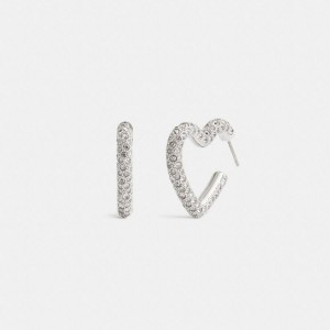 Jóias COACH Pavé Heart Hoop Earrings Feminino Prateadas | 51437UTBP