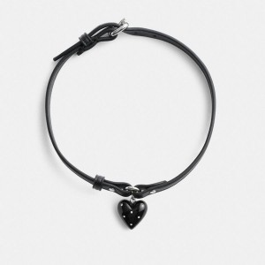 Jóias COACH Resin Heart Charm Leather Choker Feminino Pretas | 45918XCVB