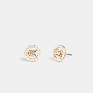 Jóias COACH Signature Crystal Pearl Stud Earrings Feminino Douradas | 73184OWGF