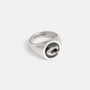 Jóias COACH Signature Signet Ring Masculino Prateadas | 39127QVSU
