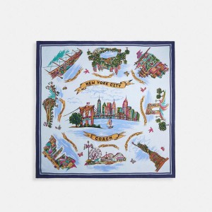 Lenço COACH New York Map Print Silk Square Feminino Azuis | 27948WVLX