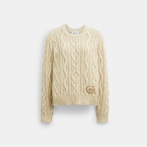 Suéter COACH Cable Knit Crewneck Feminino Branco | 93015JHLY