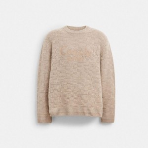 Suéter COACH Signature Knit Crewneck Masculino Bege | 50389RJWI