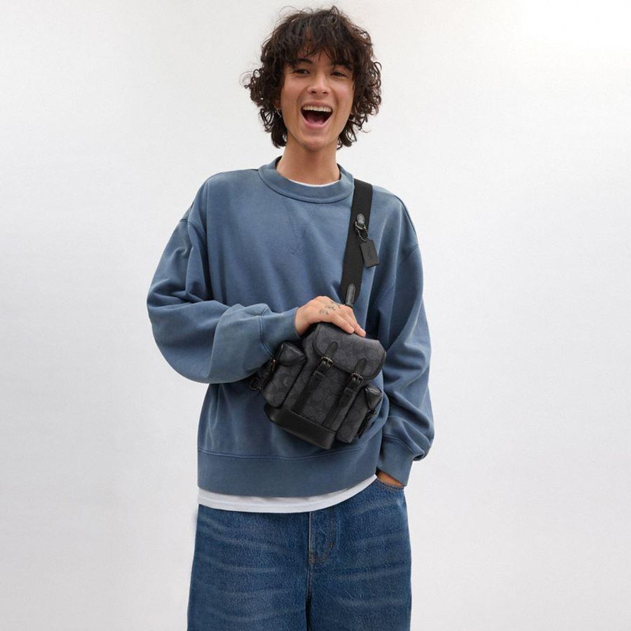 Bolsa Crossbody COACH Hitch Backpack 13 In Signature Canvas Masculino Cinzentas | 45312BEAL