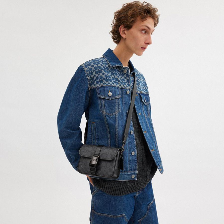 Bolsa Crossbody COACH League 19 In Signature Canvas Masculino Cinzentas | 47302GORB