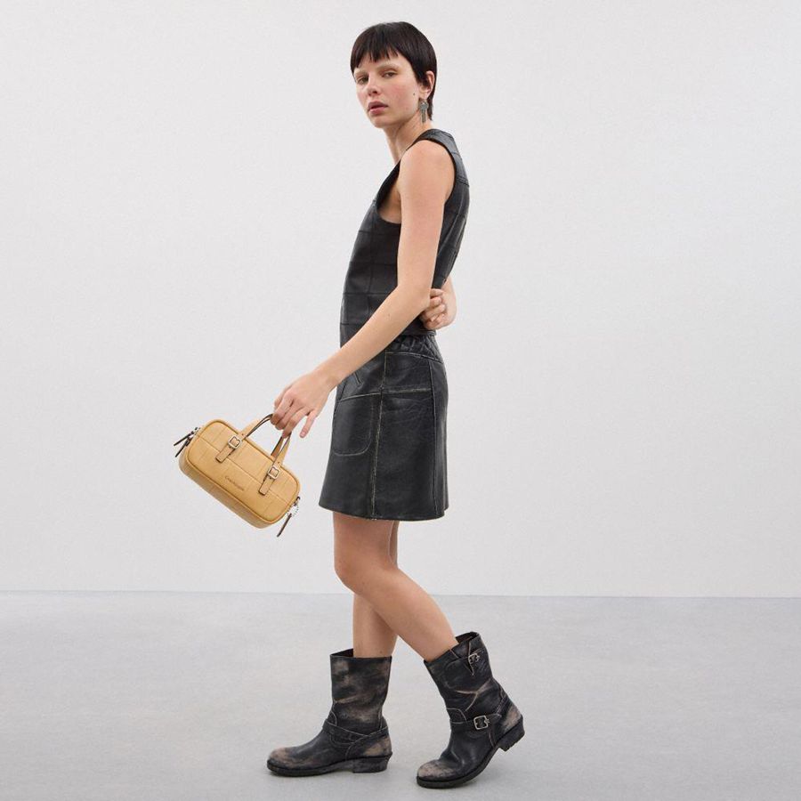 Bolsas Tote COACH Alter/Ego Mini Satchel In Checkerboard Upcrafted Leather With Crossbody Strap Feminino Marrom | 03675WRZJ