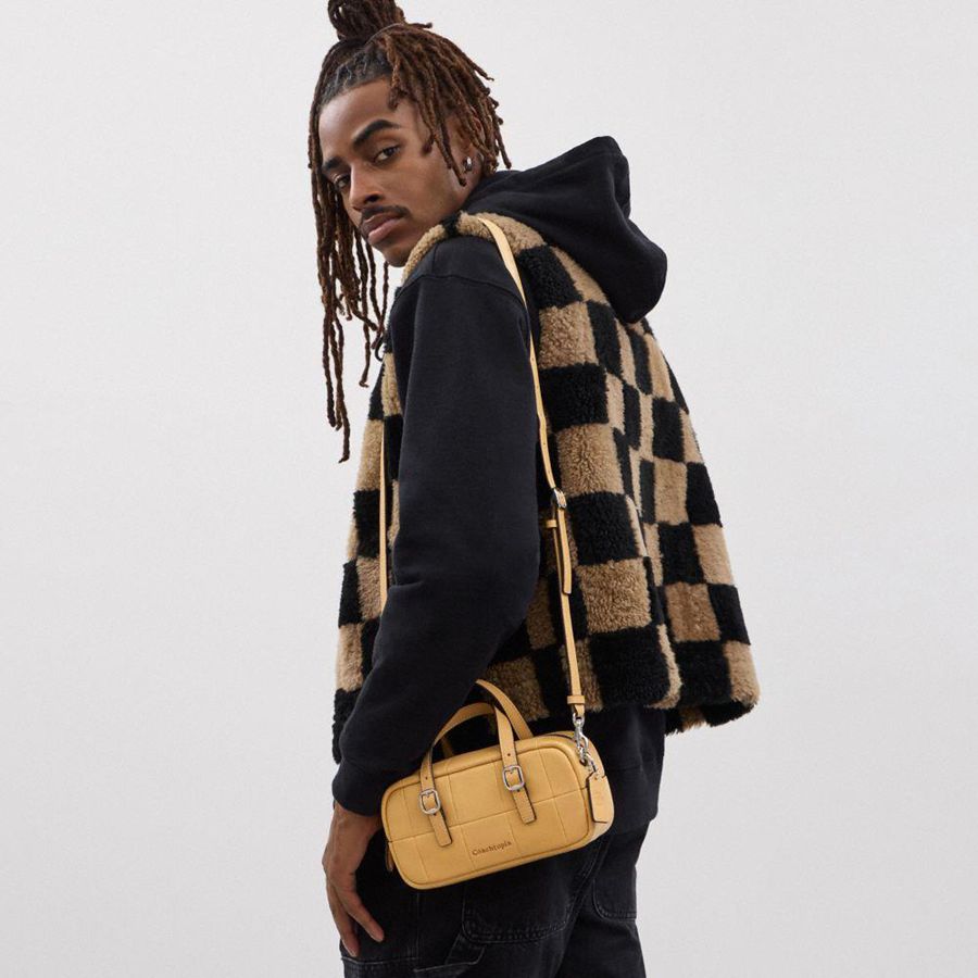 Bolsas Tote COACH Alter/Ego Mini Satchel In Checkerboard Upcrafted Leather With Crossbody Strap Feminino Marrom | 03675WRZJ