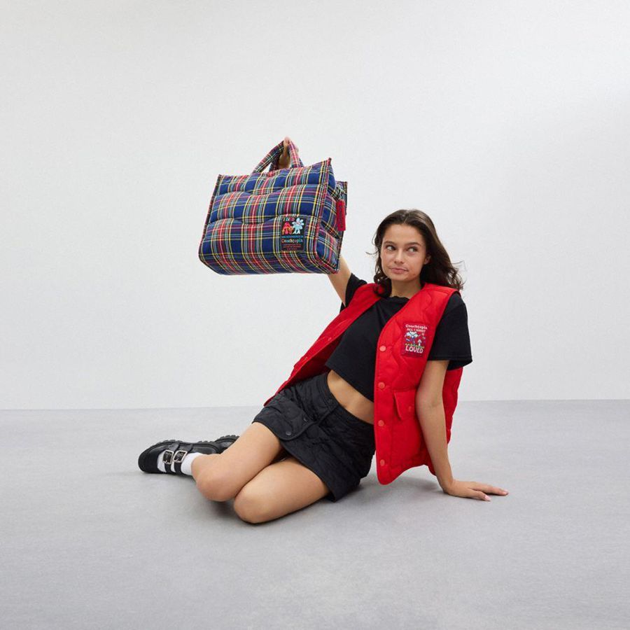Bolsas Tote COACH Topia Loop Tote With Plaid Quilting Feminino Azuis | 92701NBJF