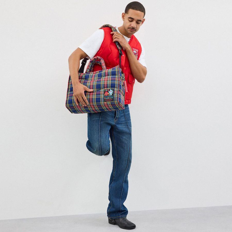 Bolsas Tote COACH Topia Loop Tote With Plaid Quilting Feminino Azuis | 92701NBJF