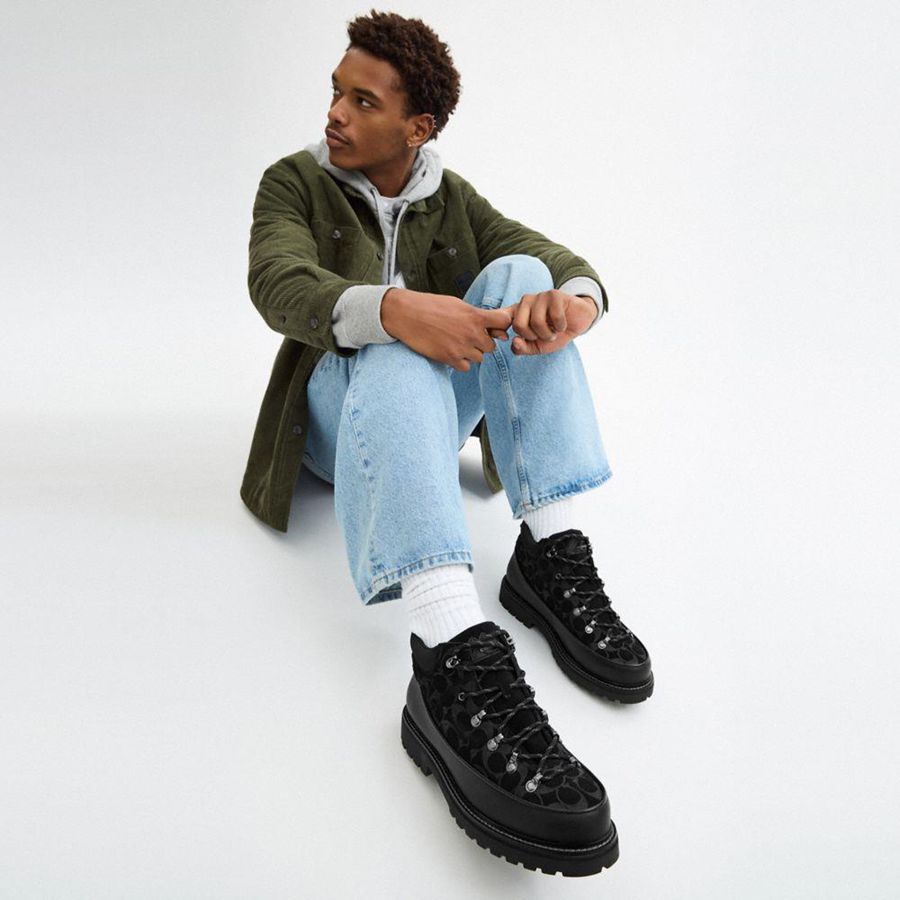 Botas COACH Bradley Hiker In Signature Suede Masculino Pretas | 61970TWES