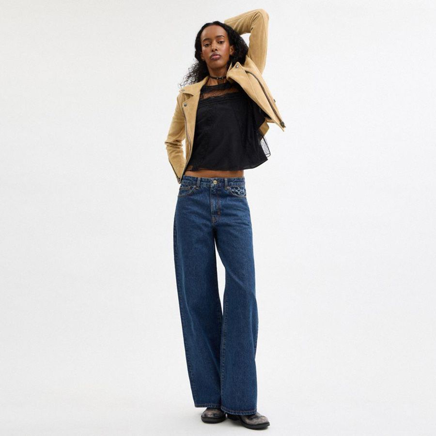 Calças COACH Baggy Denim Feminino Azuis | 12058NWXE