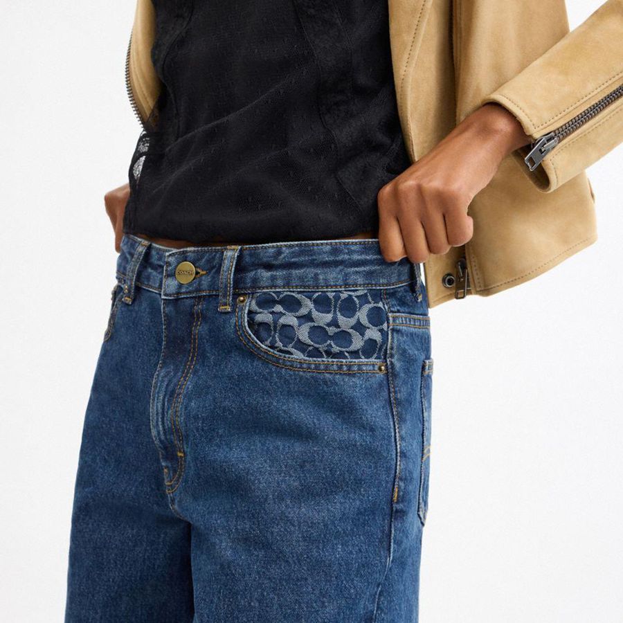 Calças COACH Baggy Denim Feminino Azuis | 12058NWXE