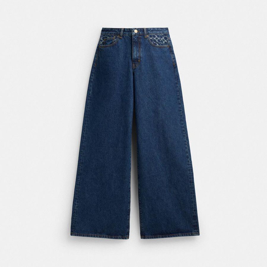 Calças COACH Baggy Denim Feminino Azuis | 12058NWXE