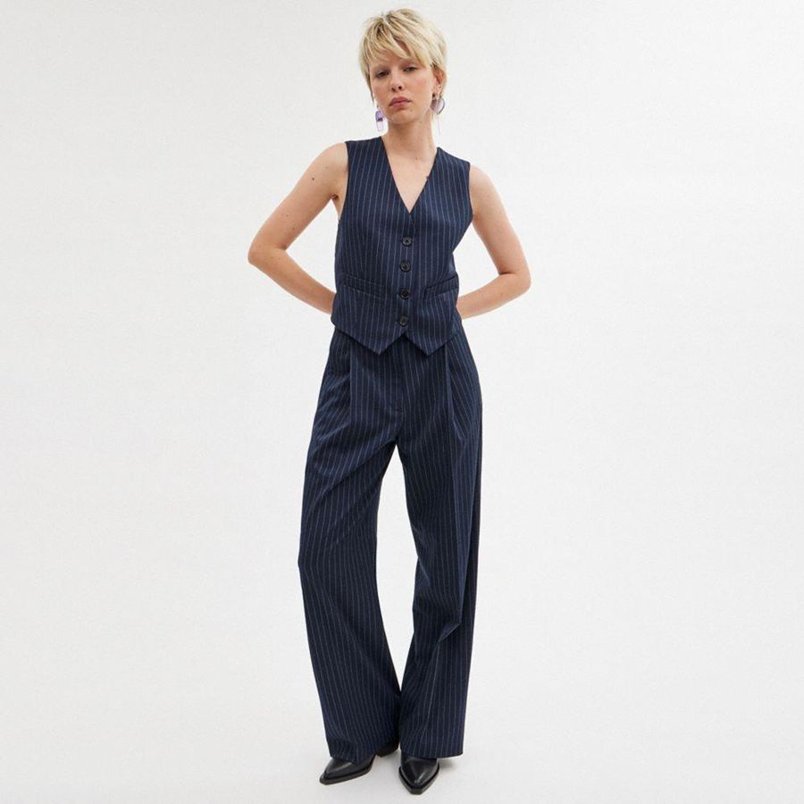 Calças COACH Wide Leg Trousers Feminino Azul Marinho | 48629NSAE