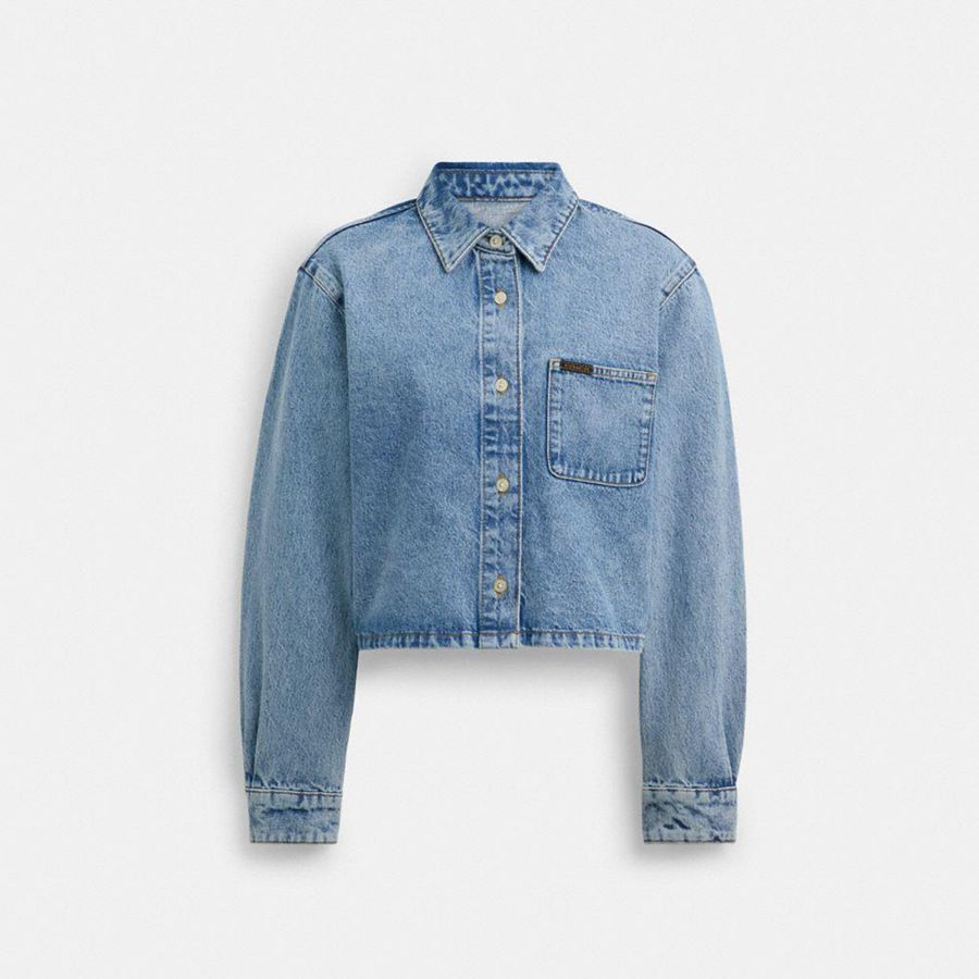 Camisa COACH Cropped Denim Button Down Feminino Azuis | 84395NXVS