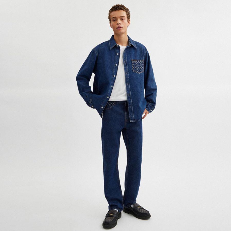Camisa COACH Long Sleeve Denim Masculino Azuis | 02315FBXZ