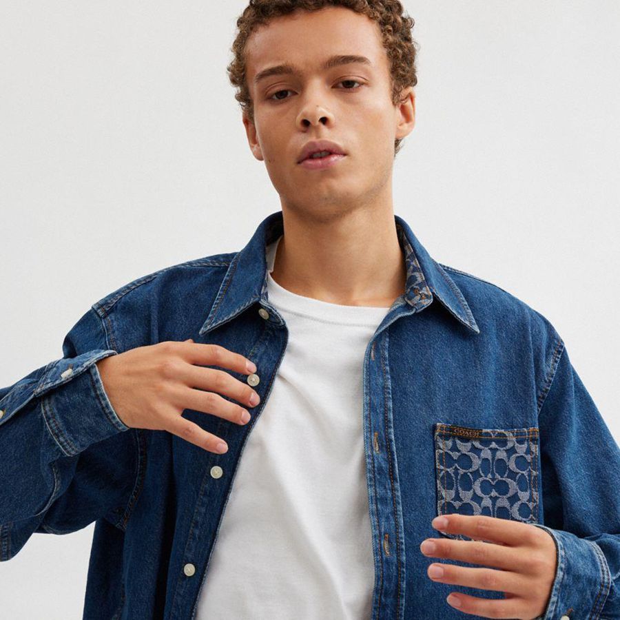 Camisa COACH Long Sleeve Denim Masculino Azuis | 02315FBXZ