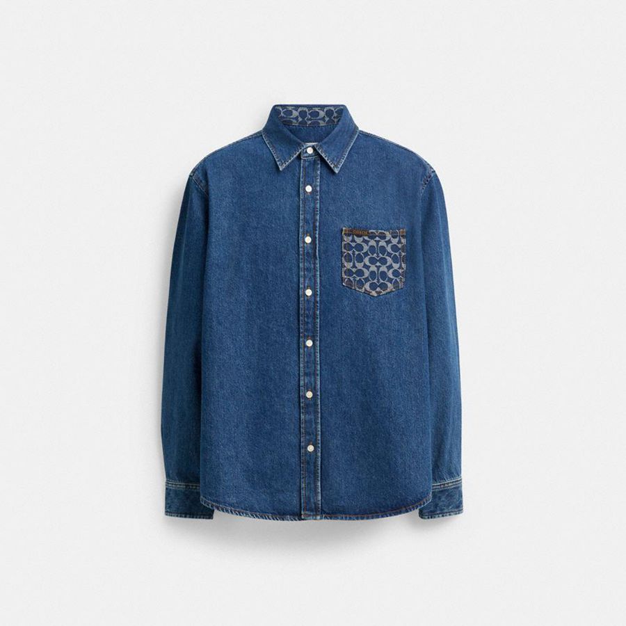 Camisa COACH Long Sleeve Denim Masculino Azuis | 02315FBXZ