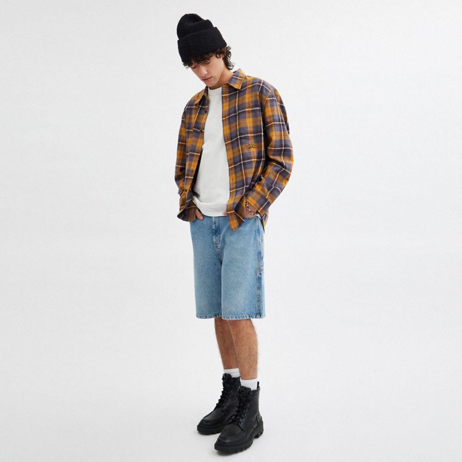 Camisa COACH Plaid Button Down Masculino Marrom | 69574WDZE