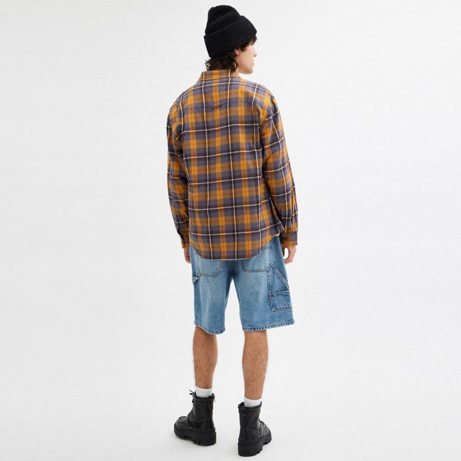 Camisa COACH Plaid Button Down Masculino Marrom | 69574WDZE