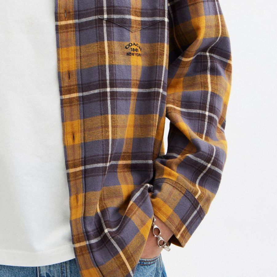 Camisa COACH Plaid Button Down Masculino Marrom | 69574WDZE