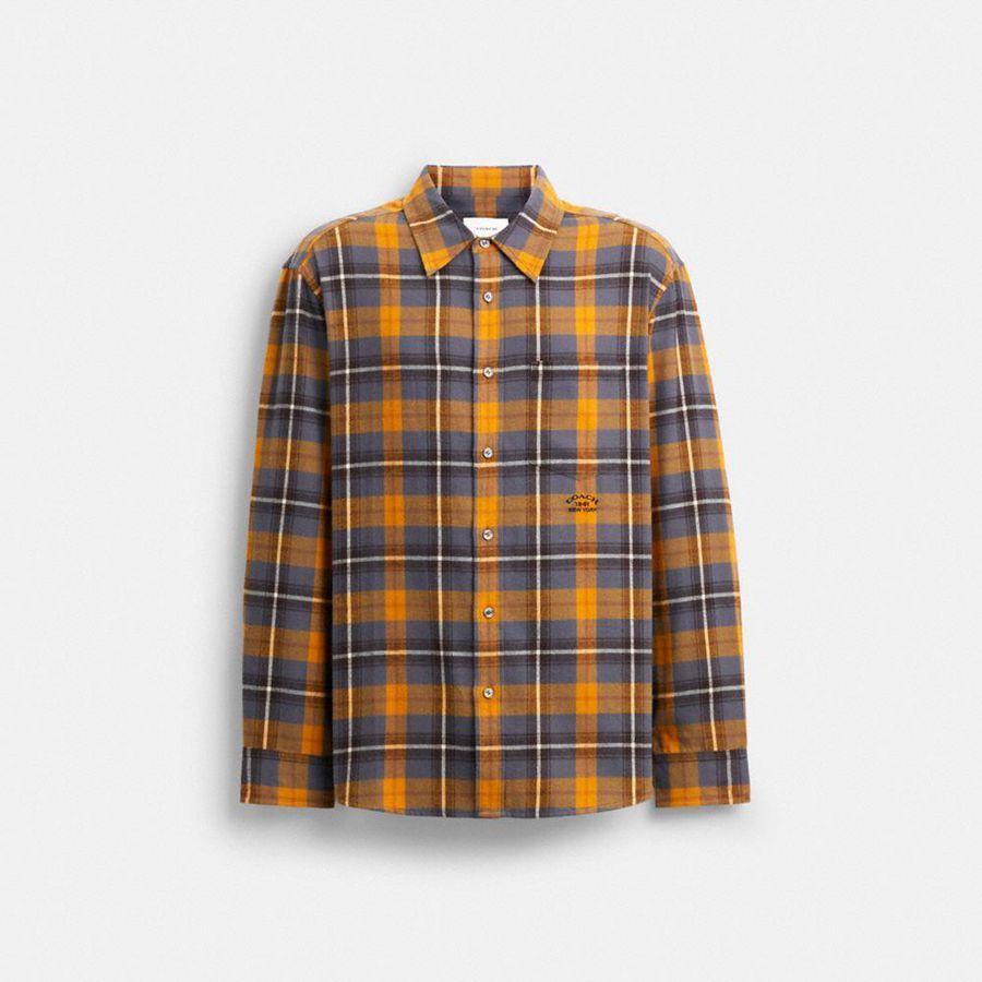 Camisa COACH Plaid Button Down Masculino Marrom | 69574WDZE