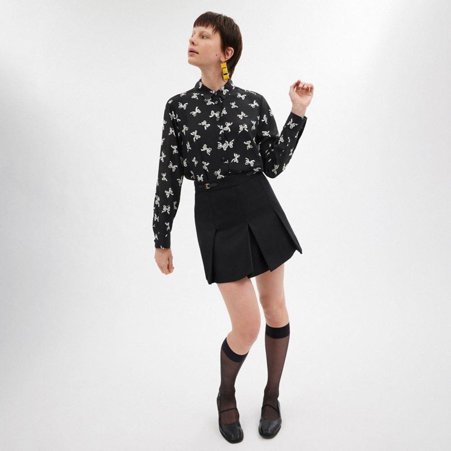 Camisa COACH Printed Blouse Feminino Pretas | 06293MIQS