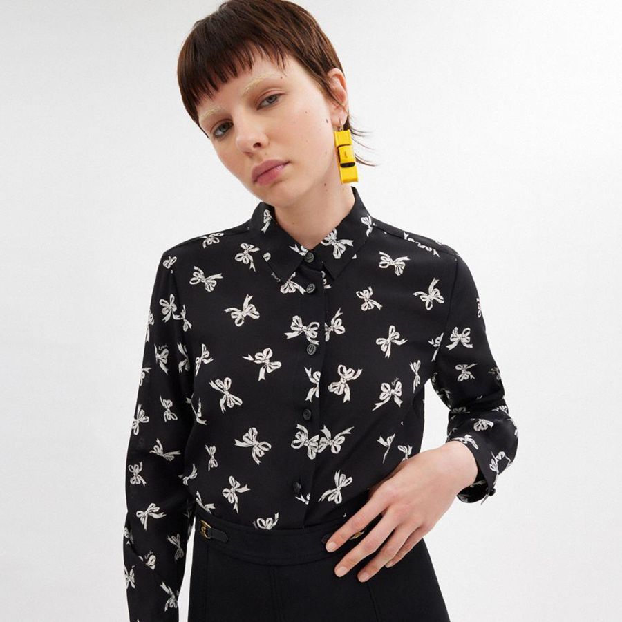 Camisa COACH Printed Blouse Feminino Pretas | 06293MIQS
