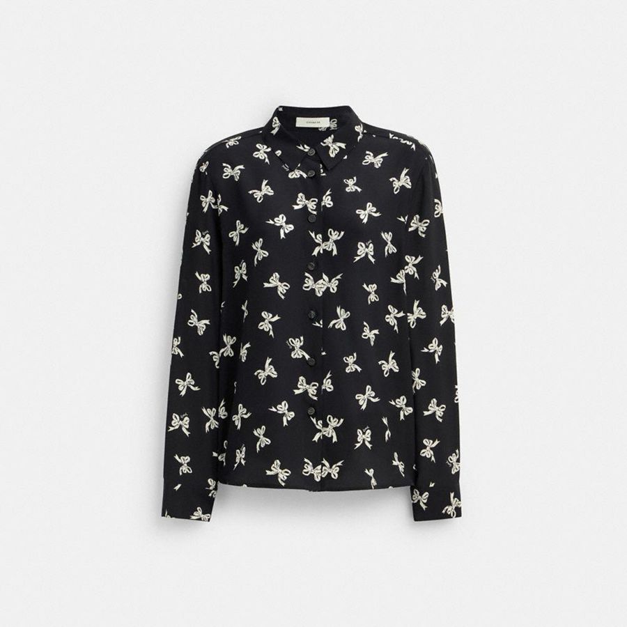 Camisa COACH Printed Blouse Feminino Pretas | 06293MIQS