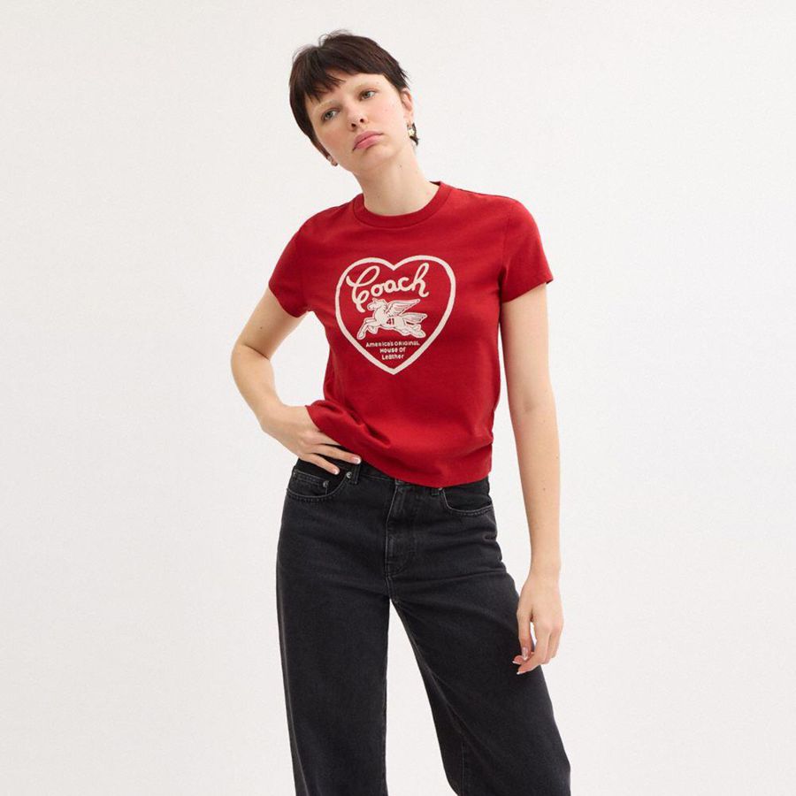 Camiseta COACH 90 S Heart In Organic Cotton Feminino Vermelhas | 74519TWOI