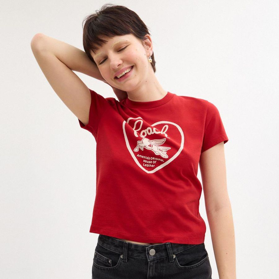 Camiseta COACH 90 S Heart In Organic Cotton Feminino Vermelhas | 74519TWOI