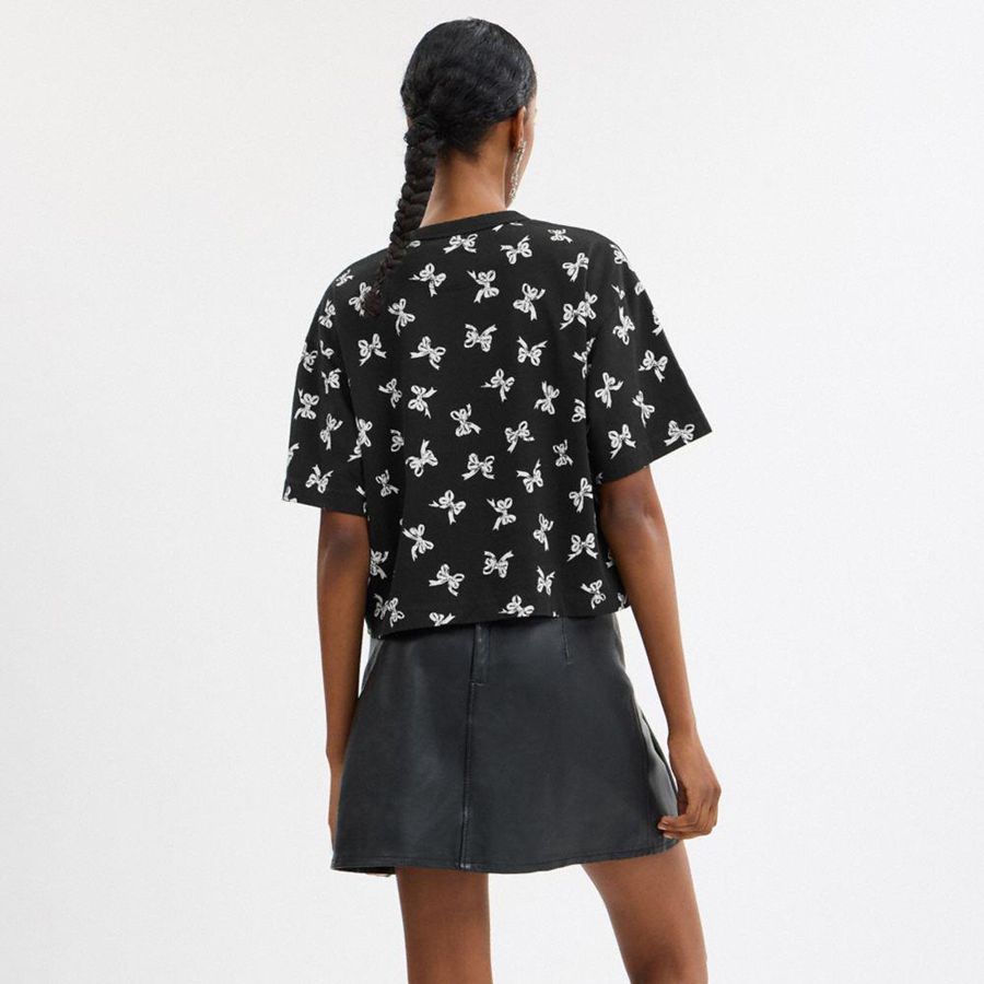 Camiseta COACH Bow Print Cursive Signature Cropped Feminino Pretas | 70154DRWH