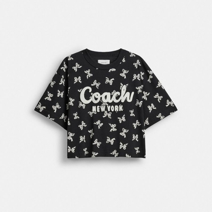 Camiseta COACH Bow Print Cursive Signature Cropped Feminino Pretas | 70154DRWH