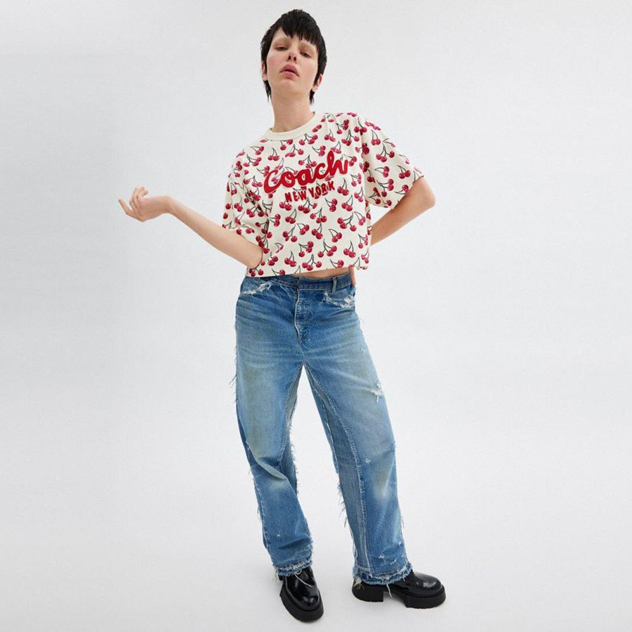 Camiseta COACH Cherry Print Cursive Signature Cropped In Organic Cotton Feminino Vermelhas | 46217OAZJ
